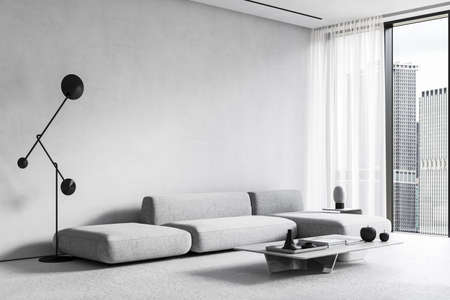 White modern minimalist interior with sofa, coffee table, floor lamp and panoramic window. 3d render illustration mockup.の写真素材