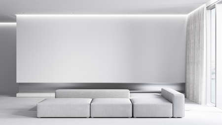 Contemporary minimalist white interior with sofa and backlight. 3d render illustration mockup.