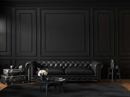 Black classic interior with sofa, table, carpet, decor and moldings wall panel. 3d render...