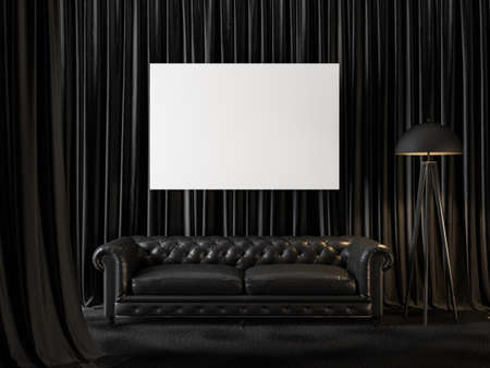 Black interior with curtains, sofa, blank horizontal poster and decor. 3d render illustration...