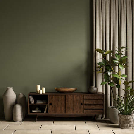 Green interior with dresser, curtain and decor. 3d render illustration mockup.