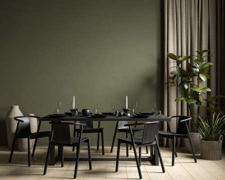 Green interior with dining table, plants and decor. 3d render illustration mockup.の写真素材