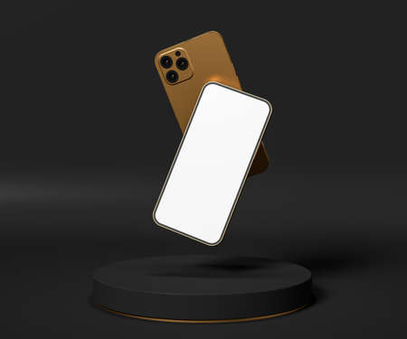 Black gold presentation podium with phone front and back. 3d render illustration mockup.