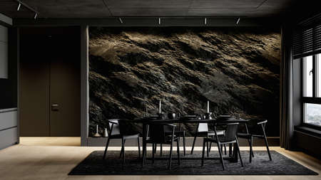 Contemporary black interior with rock stone wall, dining table and decor. 3d render illustration...