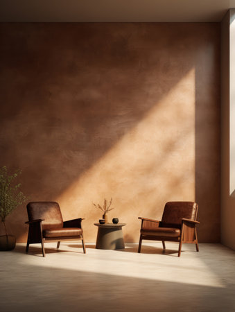 Inviting brown interior with cozy decor, armchairs, modern architecture, warm lighting, and stylish furniture. Ai generated.の素材