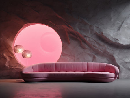 Futuristic minimalist interior in cave with pink light, sofa and decor. Ai generated.の素材