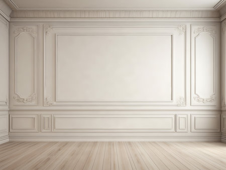 Classic empty white interior with blank wall with moldings and wood floor. Ai generated.の素材