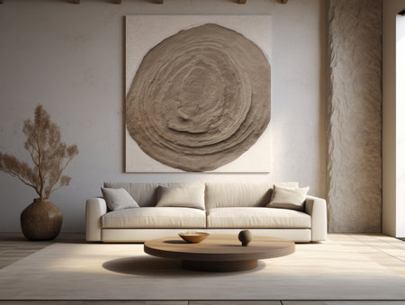 Minimalist gray interior with sofa, carpet, coffee table, poster and decor. Ai generated.の素材