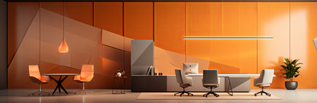Modern minimalistic orange office room with cozy, illuminated furniture and no people. Ai generated.の素材