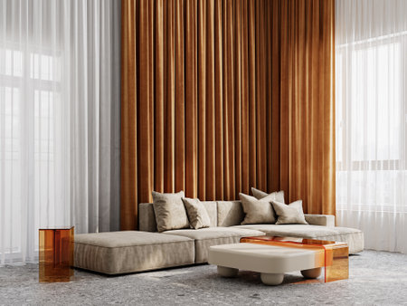 Contemporary interior with beige sofa, orange transparent plastic tables, orange curtains, tulle and...
