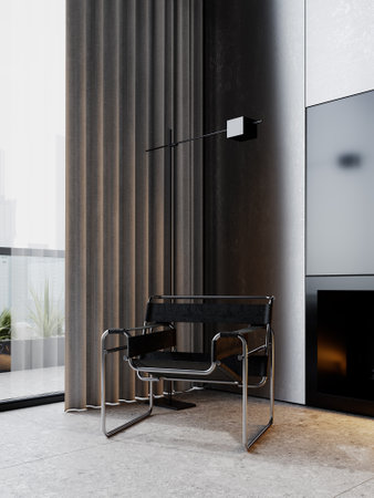 Contemporary minimalism gray interior with metal wall panels, armchair, terrazzo tile and decor. 3d render illustration mockup.の写真素材
