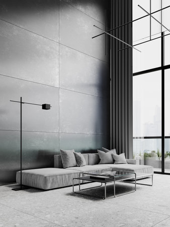 Minimalism gray interior with sofa, coffee table, metal wall panel, terrazzo tile and decor. 3d render illustration mockup.の写真素材