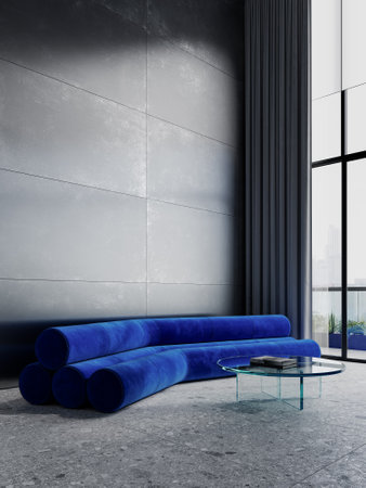 Minimalism gray interior with blue tube sofa, coffee table, metal wall panel, terrazzo tile and decor. 3d render illustration mockup.の写真素材