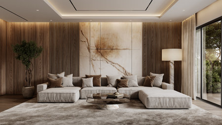 Contemporary interior with sofa, brown wood wall panels, plants, floor lamp, carpet, coffee table...