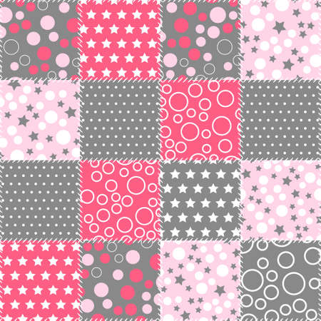 Background patchwork pattern with geometric ornaments. Quilt design from stitched squaresのイラスト素材