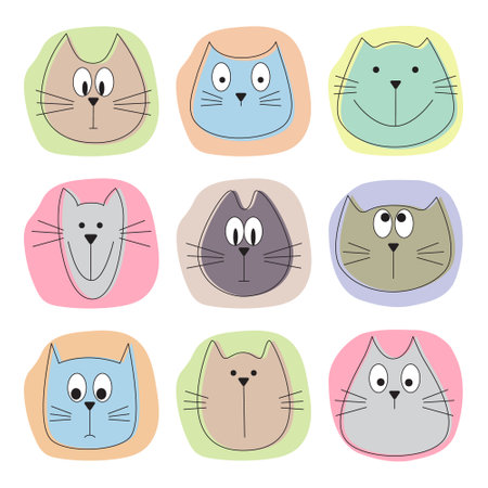 Funny hand drawn cat faces with abstract shapesのイラスト素材