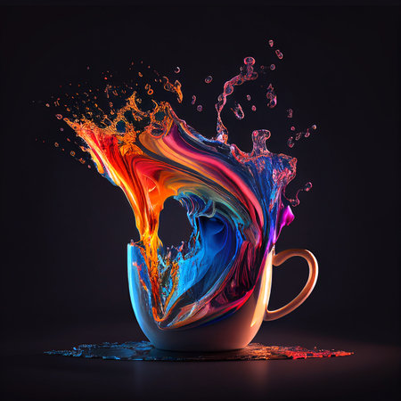 Photo exploding liquid paint in rainbow colors pouring from a mug, paint splashes, abstract 3d watercolor backgroundの素材