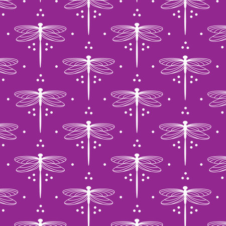 Seamless white and purple dragonfly pattern for backdrop, textile, wrapping paperのイラスト素材