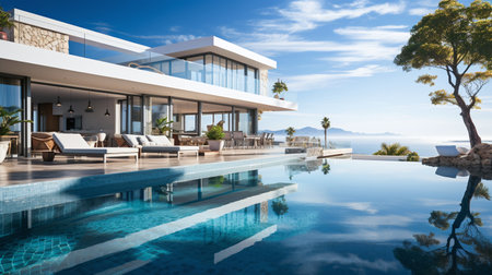 Luxury modern house with a panoramic view, infinity pool, and stylish outdoor furniture on a sunny day.の素材