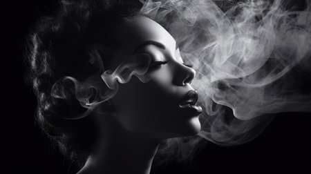 black and white artistic portrait of a woman with closed eyes, exhaling smoke that swirls around her faceの素材