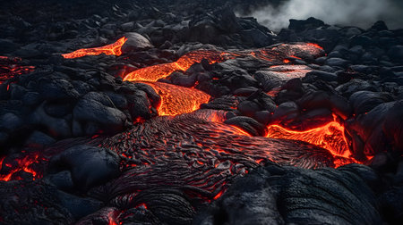 Red lava on a black volcanic groundの素材