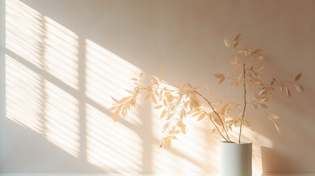 A minimalist composition featuring a white vase with dried foliage casting soft, long shadows on a warm beige wall, illuminated by gentle sunlight.の素材