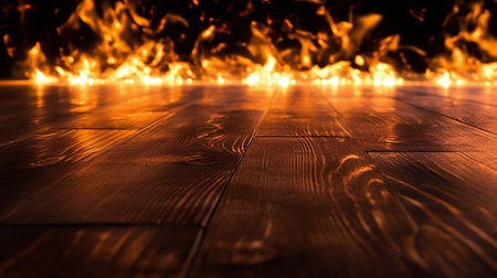 Wooden surface foreground with intense flames, ideal for product display. Concepts on danger, heat, or destruction. Perfect for presentations, awards, or showcasing items.の素材