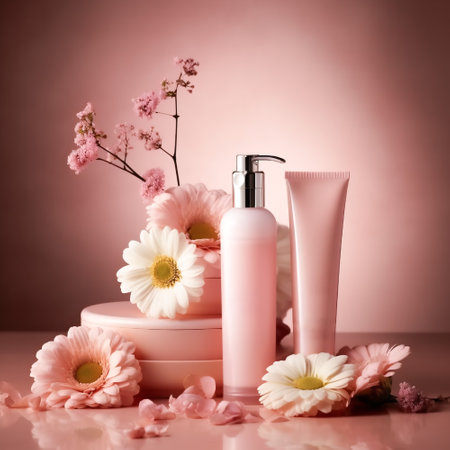 Beauty products with pink flowers on a soft pink background. Cosmetic and skincare productsの素材