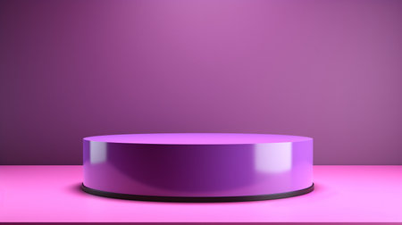 Minimalist purple empty stage with a reflective surface and a soft spotlight on a gradient pink background. Perfect for product display or presentations.の素材