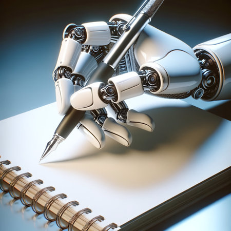Realistic robotic hand holding a pen over a notebook. AI Generativeの素材