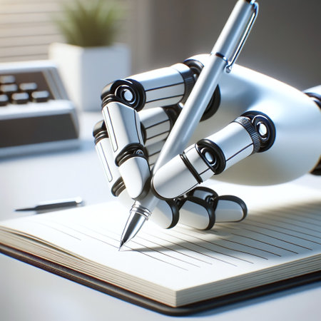 Realistic robotic hand holding a pen over a notebook. AI Generativeの素材