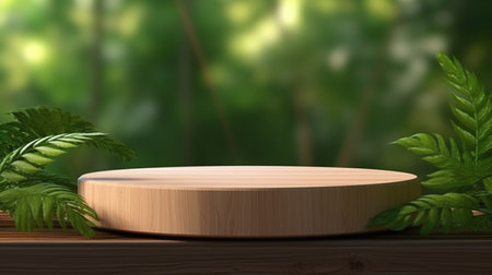 Empty wooden product podium on a deck with lush green foliage in the background, ideal for product display. Perfect for presentations, awards, or showcasing items.の素材