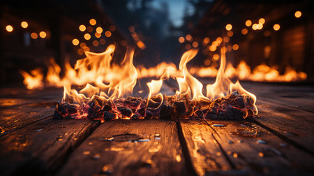 Burning embers glow on wooden planks against a twilight backdrop, casting a warm light with bokeh effects, embodying a cozy outdoor ambianceの素材