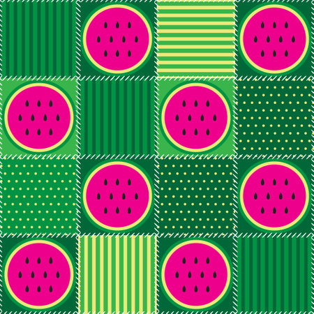 Watermelon mosaic pattern green tile. Colorful patchwork for tablecloth, oilcloth or other textile design. Quilt design from stitched squares.のイラスト素材