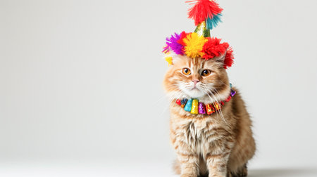 Cute cat with party hat on white background. Studio shot.の素材