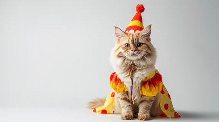 Cute maine coon cat wearing a clown hat on white backgroundの素材