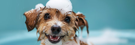 Happy terrier with soapy foam, smiling during grooming session, pet care and hygiene themeの素材