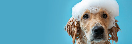 Adorable golden dog during wash, blue background, pet care and hygiene conceptの素材