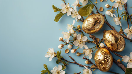 Gold Easter eggs with floral designs on blue, spring cherry blossoms backdrop, perfect for festive decor and seasonal marketing.の素材