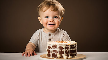 Happy baby with cake, first birthday celebration, cute toddler portrait, sweet dessert, child's joy, family milestone, party photography.の素材