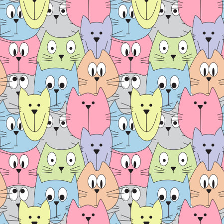 Hand drawn cute cats faces seamless pattern. Colorful vector childish backgroundのイラスト素材