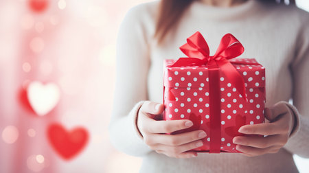 Valentine's Day gift box held by woman, red with white polka dots, romantic present, love celebration, festive wrapping.の素材