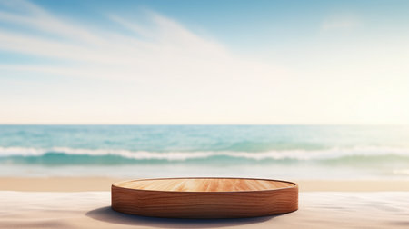 Elegant wooden podium on a beach backdrop for product display, ideal for summer-themed marketing.の素材