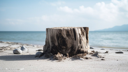 Natural wooden stump podium on beach for product display with clear blue sea backdrop, perfect for organic product stand.の素材