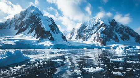 Stunning frozen landscape with icebergs and snow-covered peaks, climate change's impact on polar regions.の素材