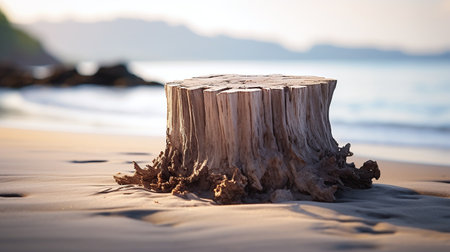Natural wooden stump podium on beach sand with serene ocean backdrop, perfect for product display or coastal-themed decor.の素材