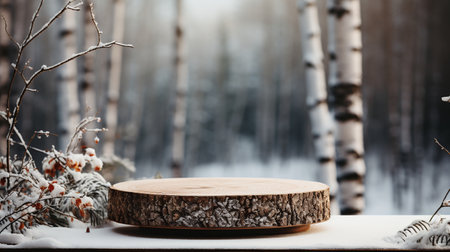 Winter sale podium. Rustic wooden stump on snowy forest backdrop, ideal for product display, nature-inspired marketing.の素材