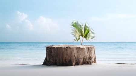 Beachfront display podium. Tree stump stand with vibrant palm leaf on sandy shore against sea backdrop for showcasing products.の素材