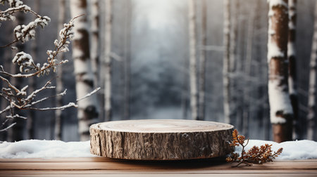 Winter sale podium. Rustic wooden stump on snowy forest backdrop, ideal for product display, nature-inspired marketing.の素材
