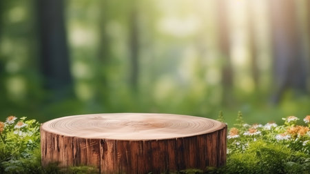 Natural wooden stump podium in forest setting - ideal for product display, eco-friendly presentations, and rustic outdoor events.の素材